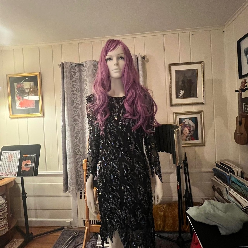 VINTAGE 80’s SCARLET RAGE Elegant Black Sequin Dress TIMELESS Hollywood Glam!